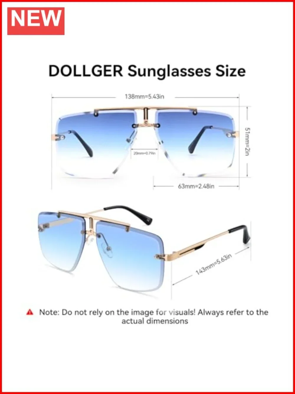 Rimless Oversized Square Sunglasses Trendy Big Shades Gold Metal Frame UV400